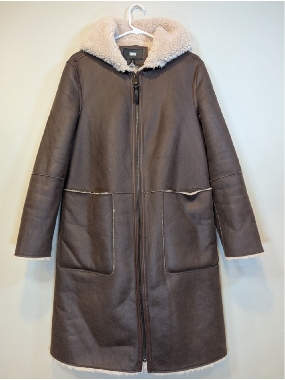 DKNY Brown Faux Suede Shearling Hooded Luxe Long Coat Jacket Fleece Lined Small